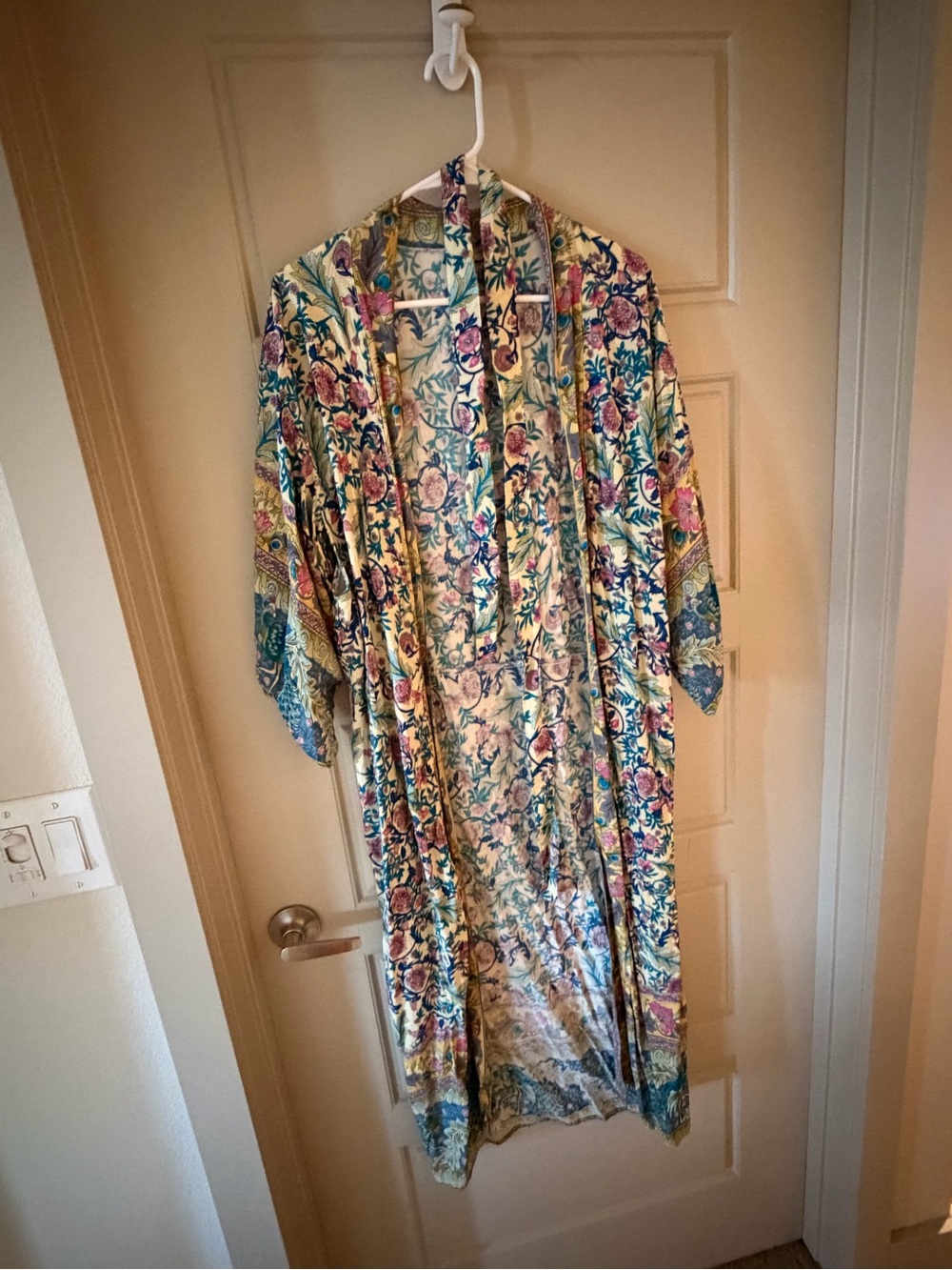 Floral Satin Kimono Robe in Cream, Teal & Pink